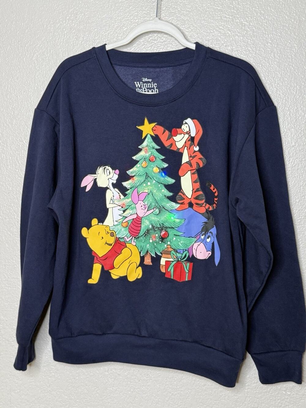 Disney M Winnie the Pooh Christmas Holiday Light Up Sweatshirt Women Dark Navy